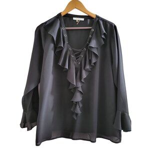 Sioni Womens Black ruffled blouse size Large Piratecore Coplay Lace up